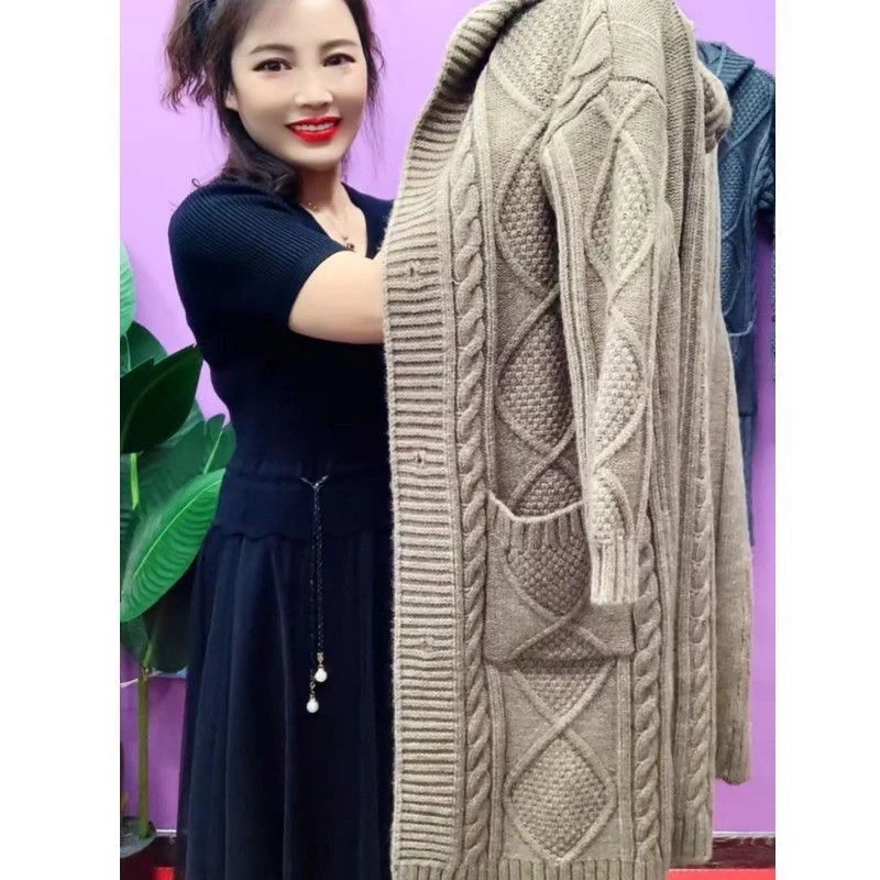 大毛衣外套春秋2025新款连帽加厚外搭针织开衫时尚洋气中长款上衣