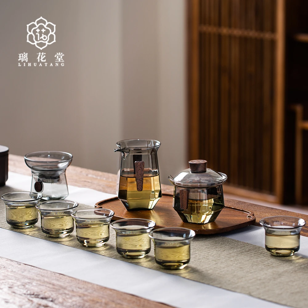 璃花堂八方来财公杯盖碗茶漏套装耐热茶具茶杯家用创意手工透明