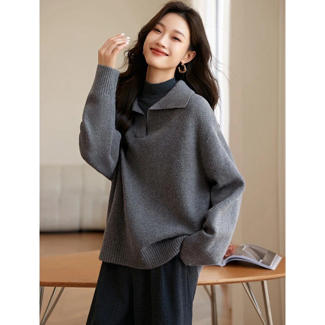 沫晗依美2025秋冬宽松慵懒风外穿毛衣女套头翻领软糯感毛衣女3417