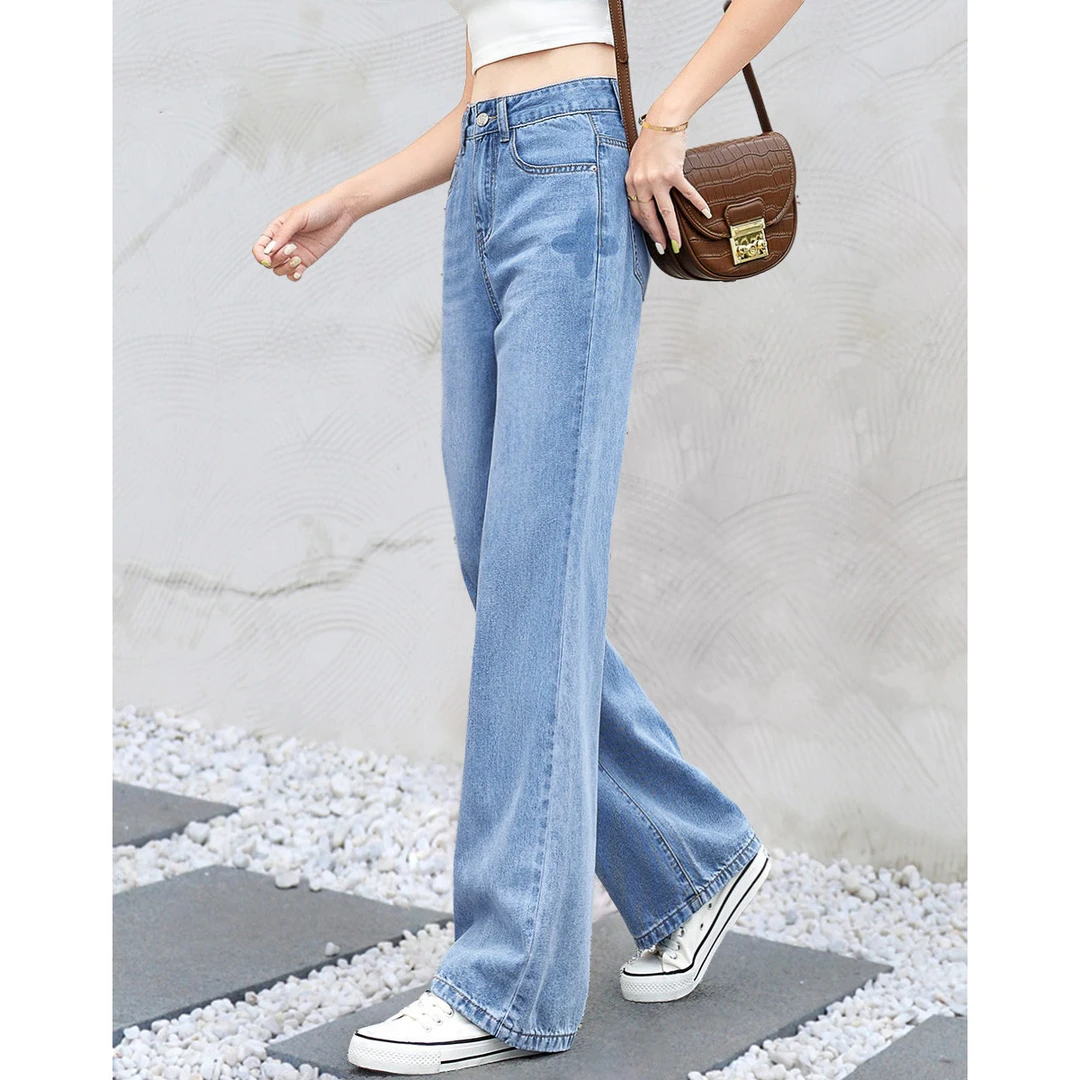 沫晗依美25夏款通勤百搭轻薄垂感舒适宽松减龄高腰阔腿牛仔裤6509