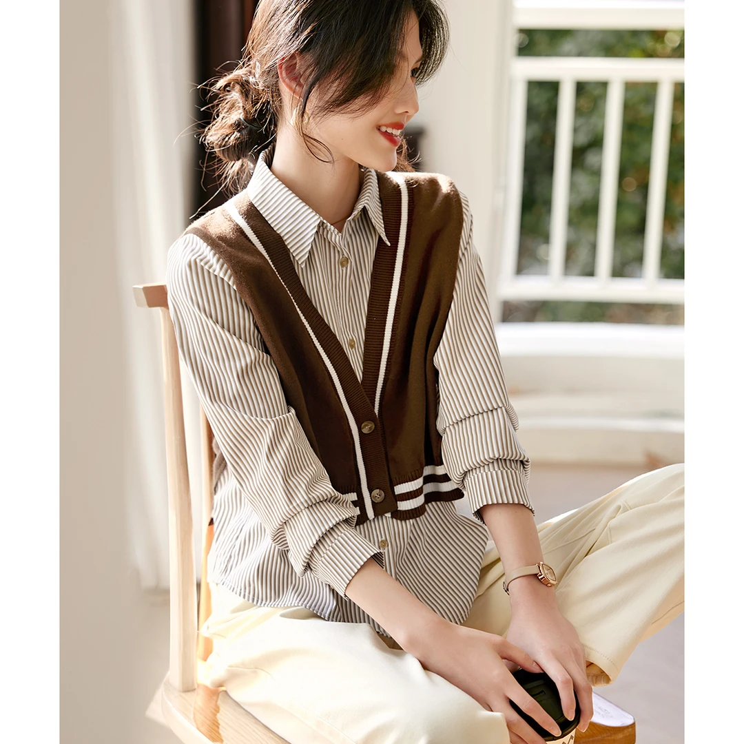 XWI/欣未拼色假两件休闲风衬衫25秋季气质日常百搭假两件衬衣9164