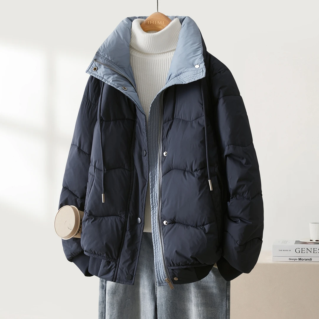 IHIMI/海谧撞色翻领保暖棉服外套24冬季简约绗棉加厚夹棉外套4006