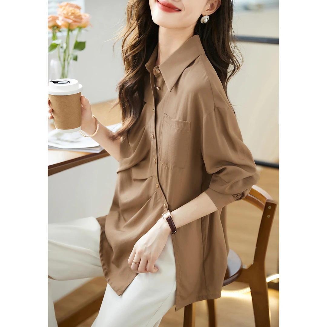 沫晗依美直筒纯色长袖上衣2025秋季新款时尚百搭休闲洋气衬衫0586