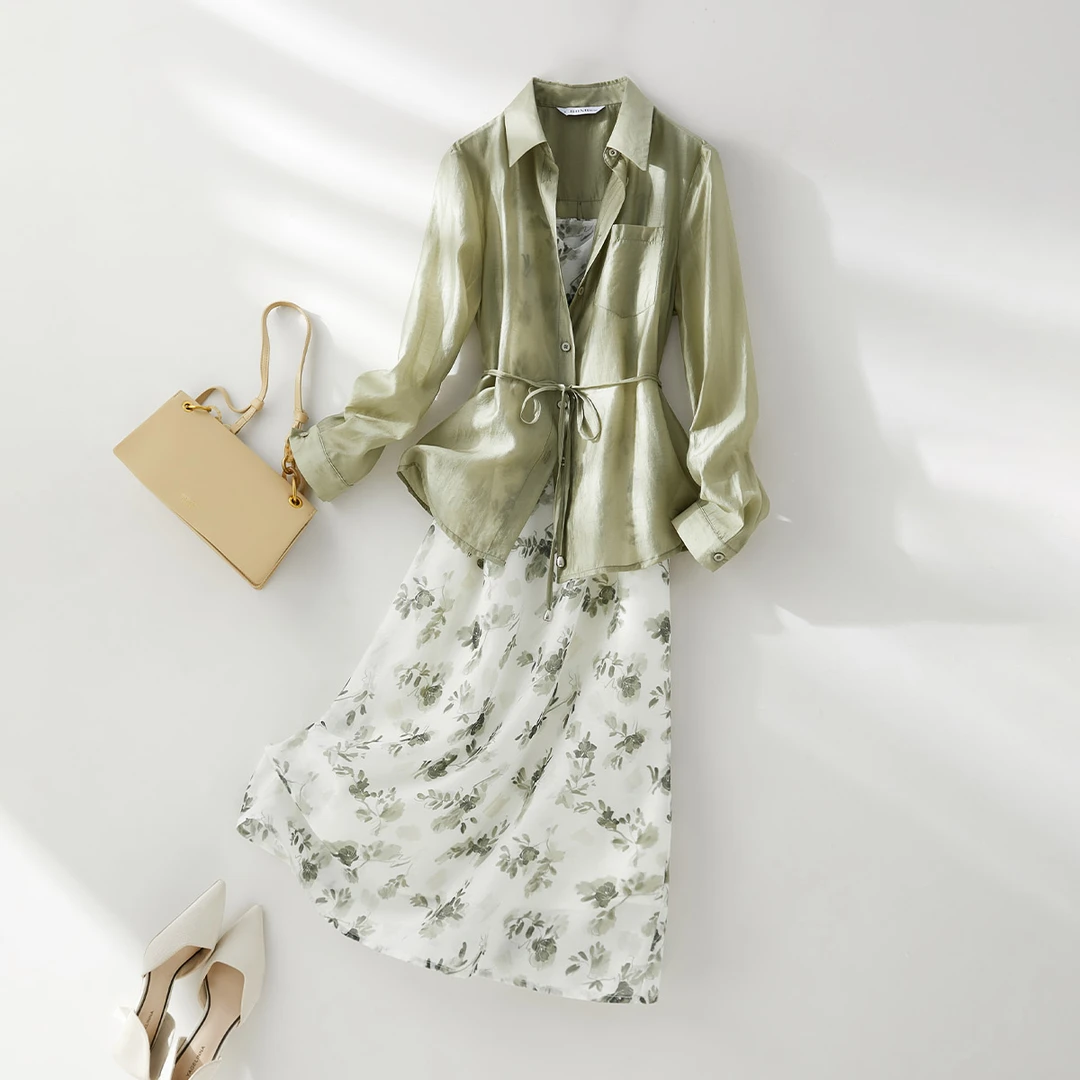 IHIMI/海谧IHIMI衬衫印花吊带裙2025秋连衣裙套装显瘦碎花8575