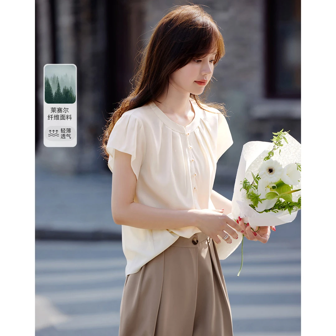 沫晗依美2025新款法式气质天丝百搭好穿显瘦衬衫圆领质感上衣8277