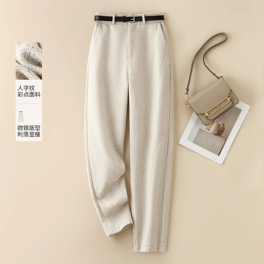 IHIMI/海谧加绒加厚人字纹毛呢2025冬季新款白色加绒裤子女5302