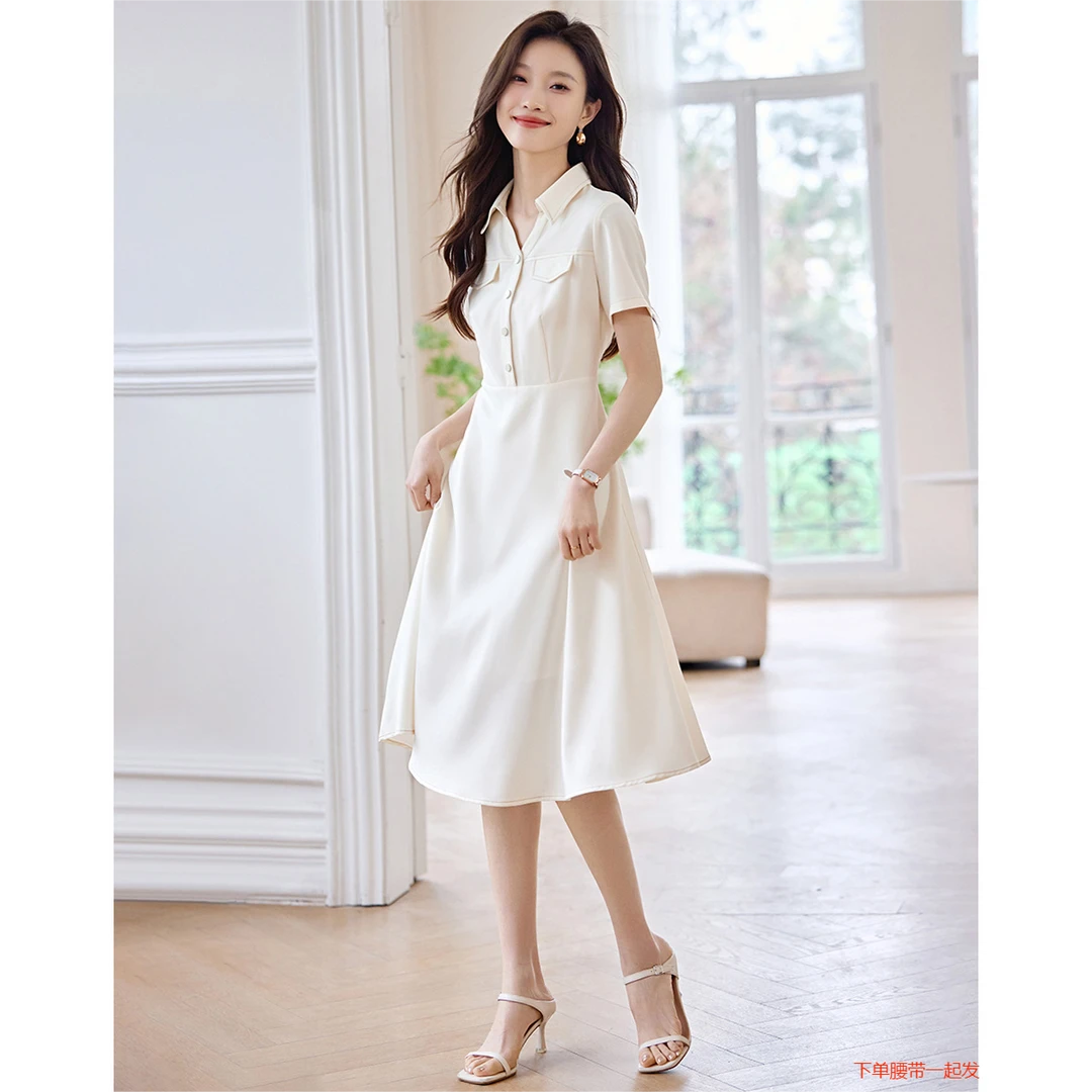 沫晗依美24日A字型收腰中长款连衣裙法式V领短女装裙0046