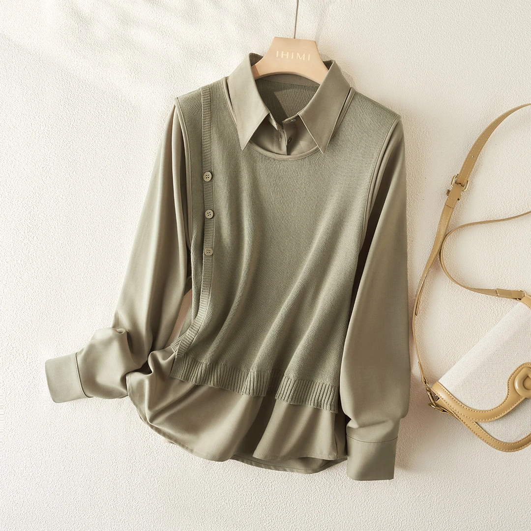 IHIMI/海谧假两件衬衫拼接针织上衣2025秋新职场百搭针织衫3589