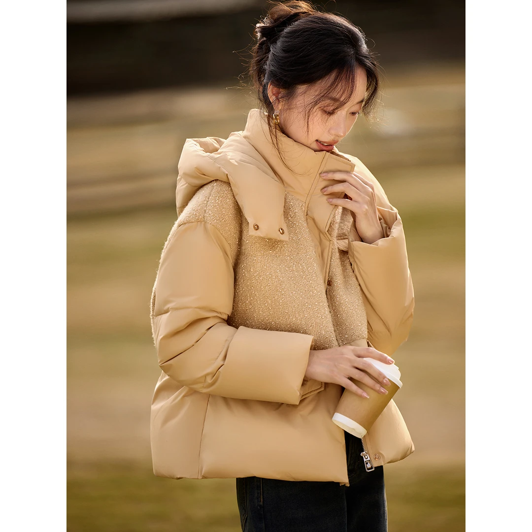 沫晗依美25年秋季新款女百搭蓬松棉服休闲拼接连帽立领外套2425