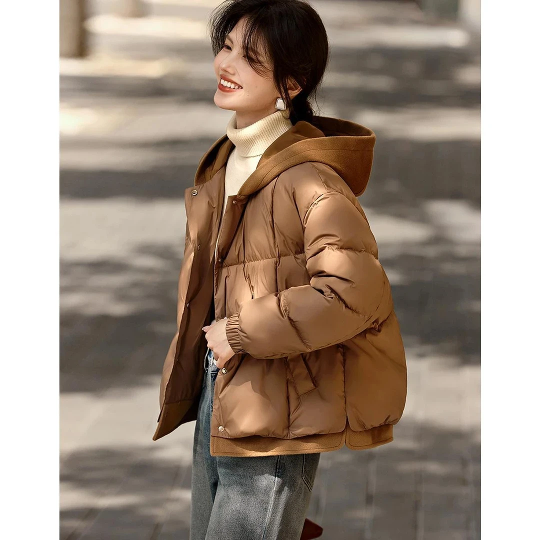 XWI/欣未24秋冬新百搭休闲落肩棉服假两件呢料拼接短款1575