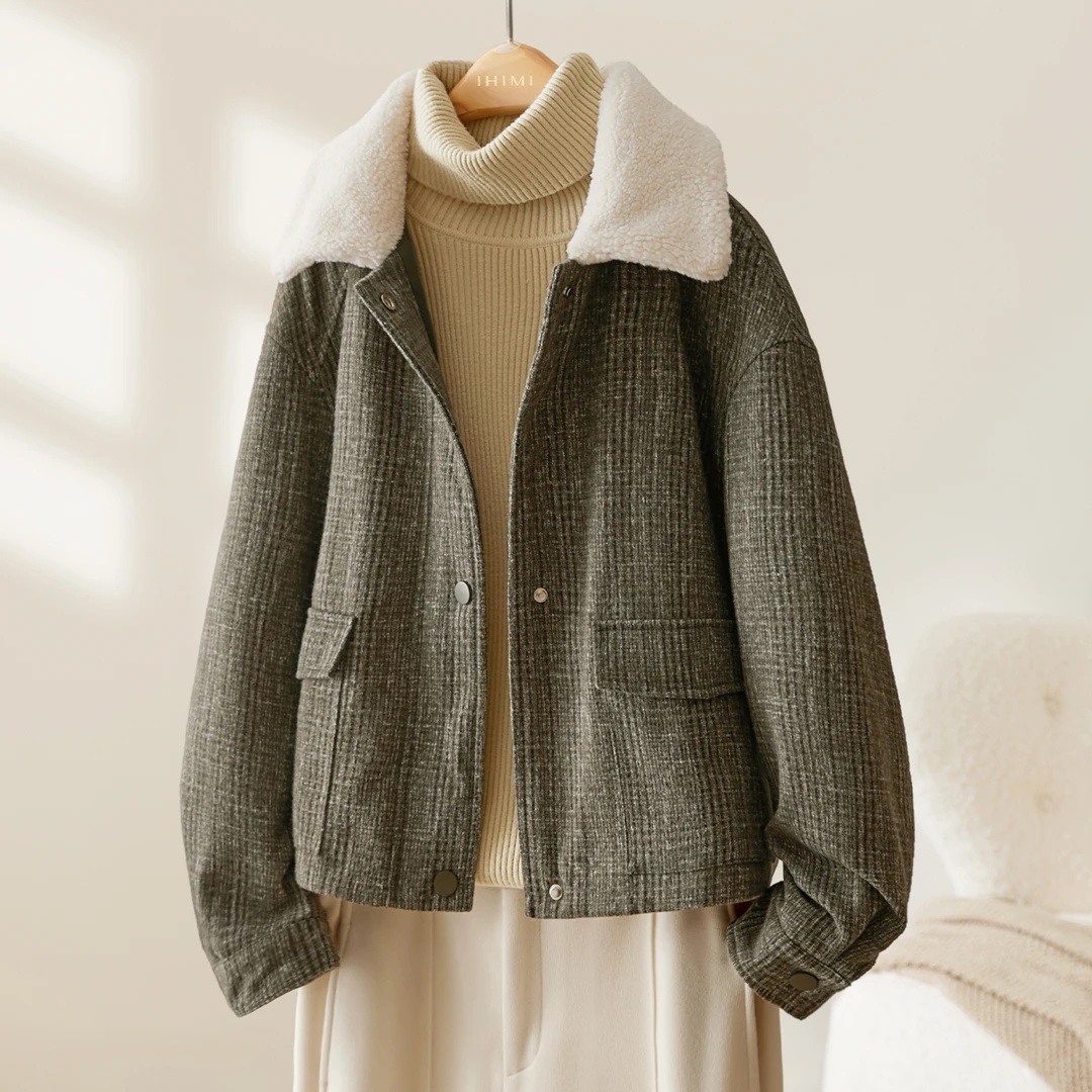 IHIMI/海谧2025年冬季新款女装加厚简约肌理拼接双口袋外套9393