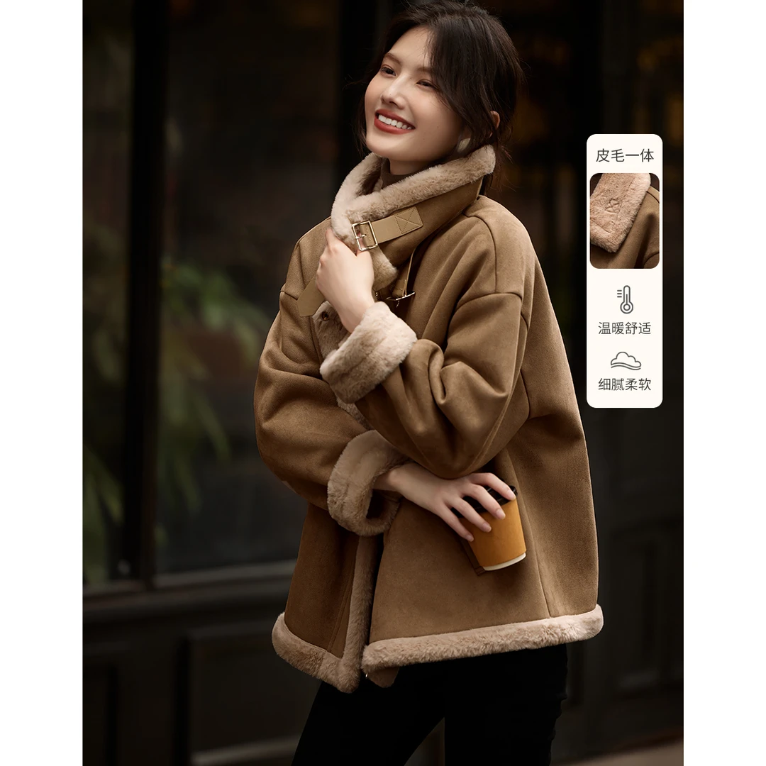 XWI/欣未2025秋冬新款时尚立领拉链皮毛一体外套女秋冬加厚3046