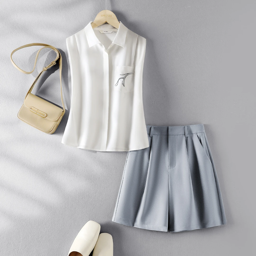 IHIMI/海谧线条绣花衬衫+休闲短裤套装2025简约知性套装7590