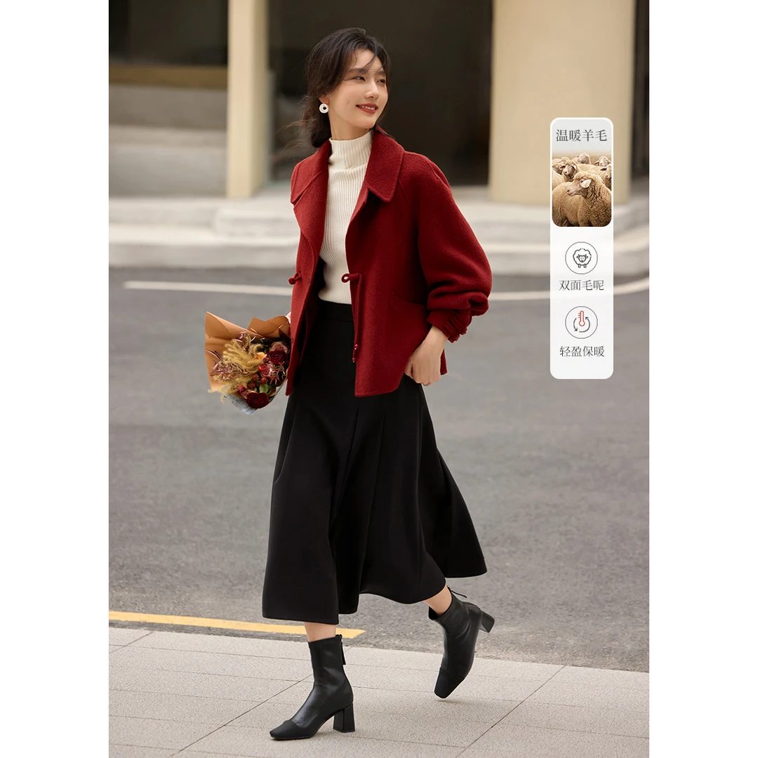 XWI/欣未新中式短款手工双面绵羊毛大衣24冬季新年款毛呢大衣外套