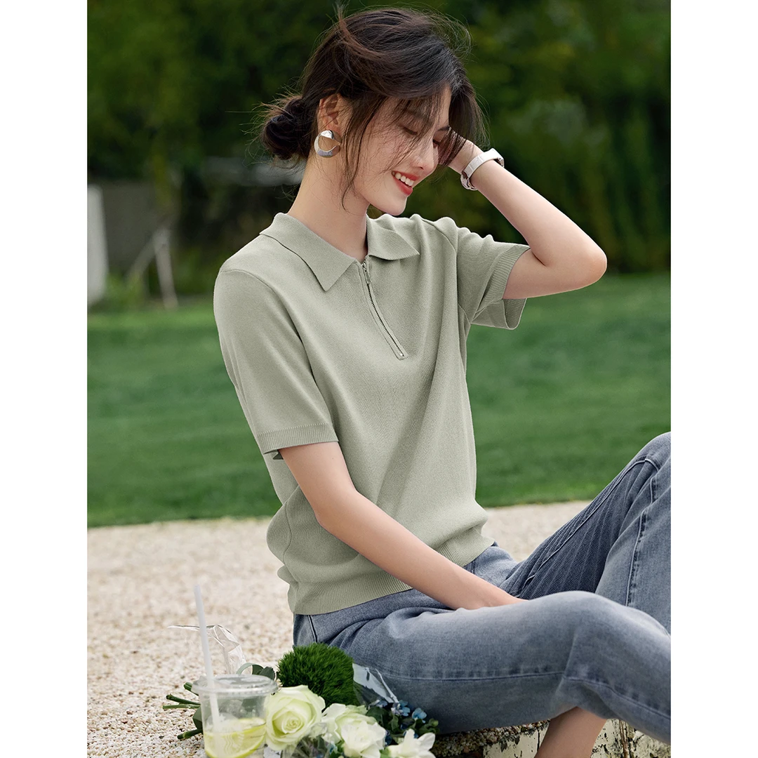 XWI/欣未纯色polo领翻领针织套头衫2025年夏季新品针织衫5108