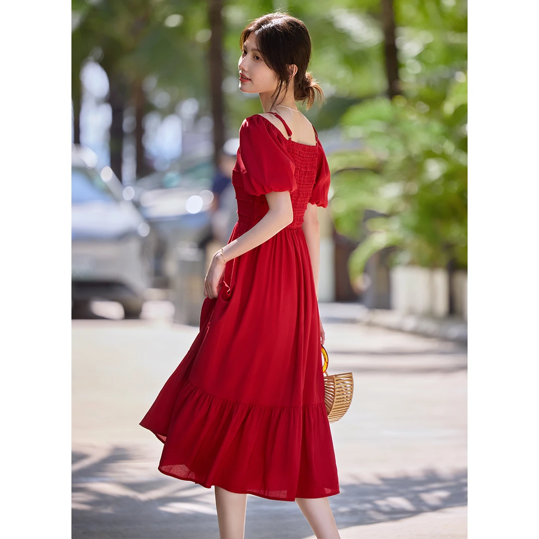 XWI/欣未2025夏季度假风仙气法式荷叶边收腰显瘦中长款连衣裙6247