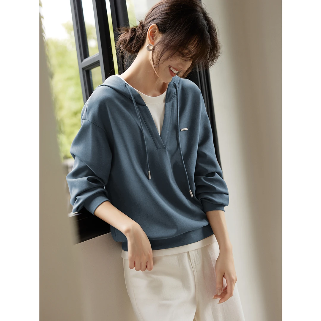 XWI/欣未灰蓝色百搭假两件拼接连帽卫衣2025秋季轻休闲时尚两件套