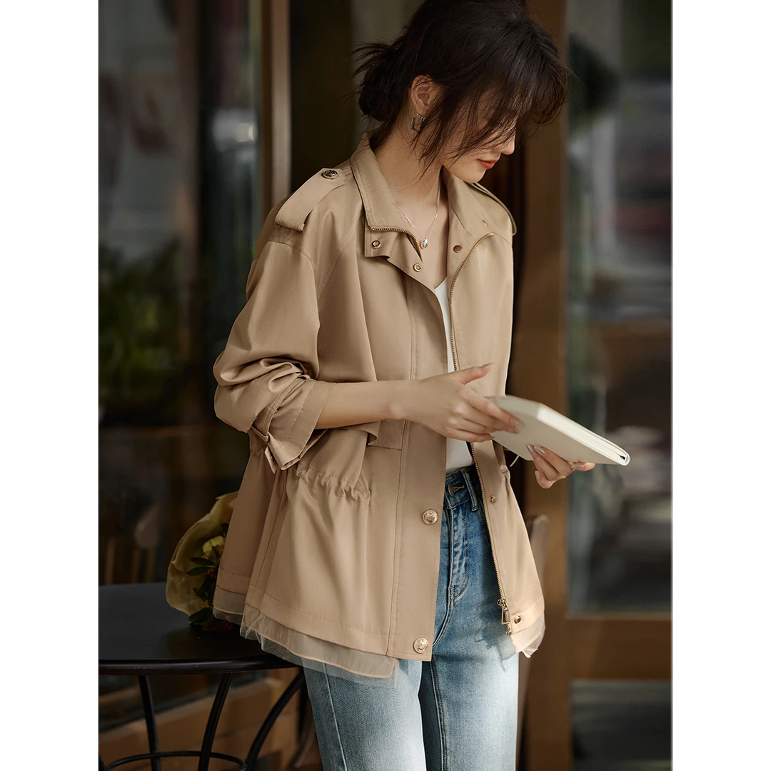 美拉德立领收腰风衣2025秋季欧根纱拼接收腰短款风衣8015