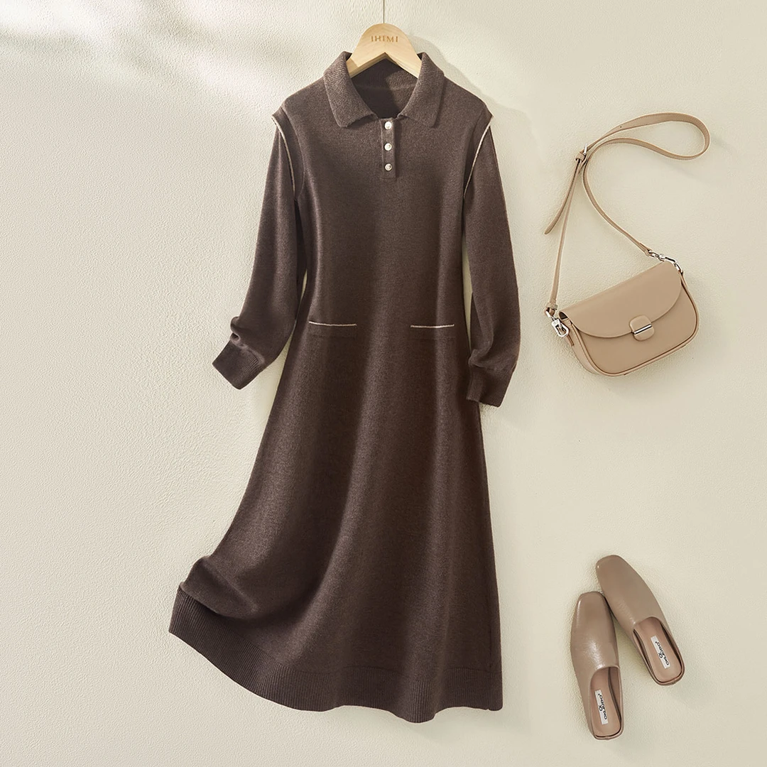IHIMI/海谧连衣裙2025秋季宽松连衣裙撞色POLO领毛织女8163