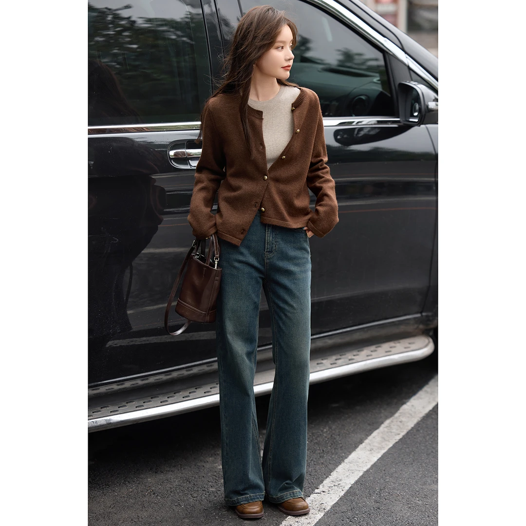 沫晗依美百搭针织开衫2025秋季新款基础圆领国风盘扣正肩外套4072