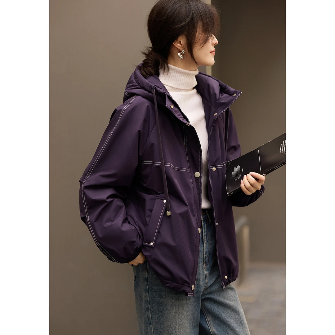 XWI/欣未休闲撞色线设计夹克式棉服外套2025年冬新款插肩抽绳9189