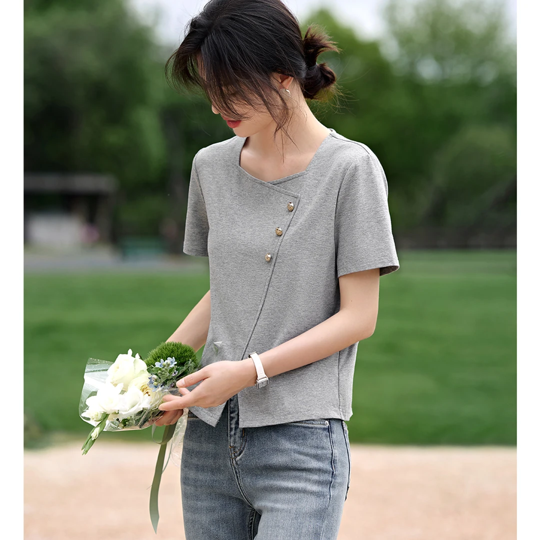 XWI/欣未时尚百搭设计感开叉t恤2025夏季新款设计感时尚短袖8155