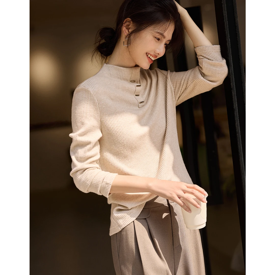 XWI/欣未知性优雅半高领打底针织衫2025秋知性优雅修身打底女4249