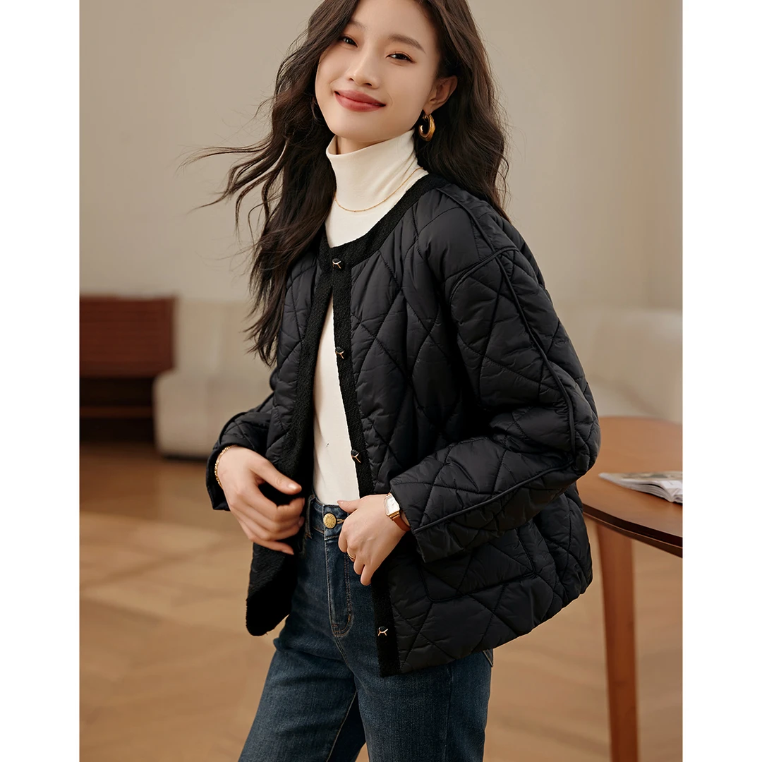 沫晗依美精致小香风拼接棉衣外套2025冬季轻休闲拼接气质棉服9072