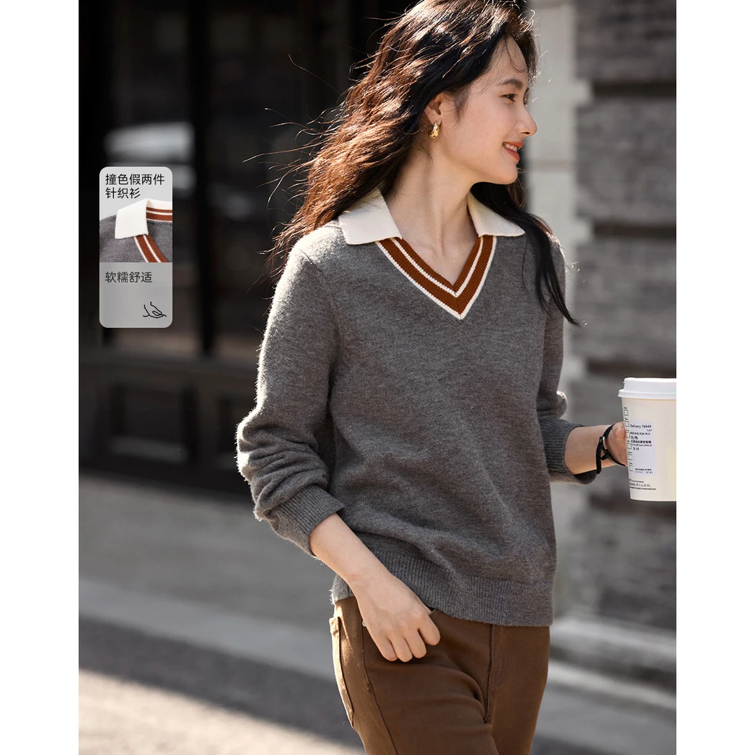 沫晗依美24冬季新款女针织套头衫假两件POLO领撞色学院风7165