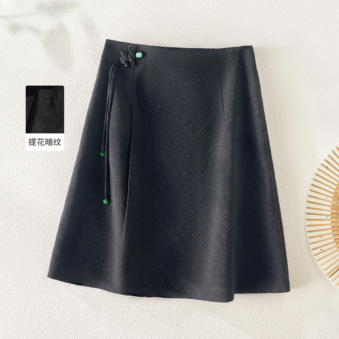 IHIMI/海谧2025夏新款女百搭显瘦半身裙新中式龙鳞提花小黑裙0312