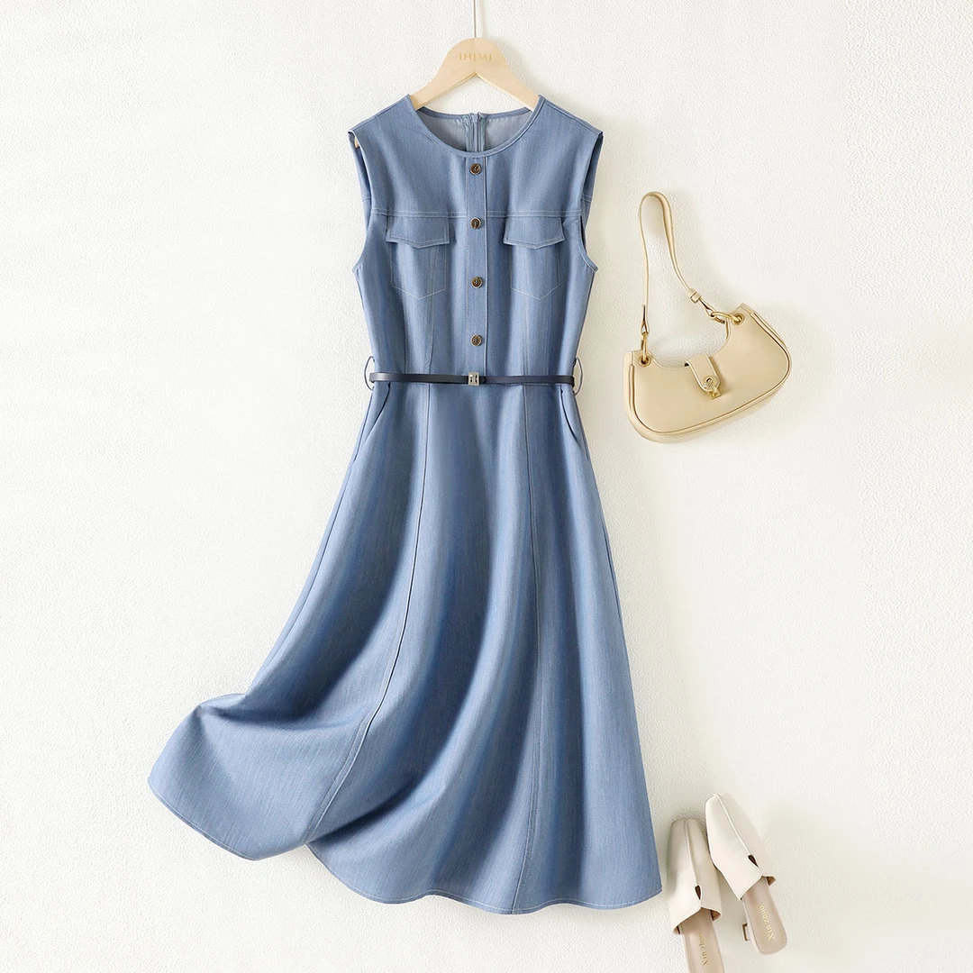 IHIMI2025女装时尚简约知性收腰腰带飞袖显瘦中长款连衣裙3590