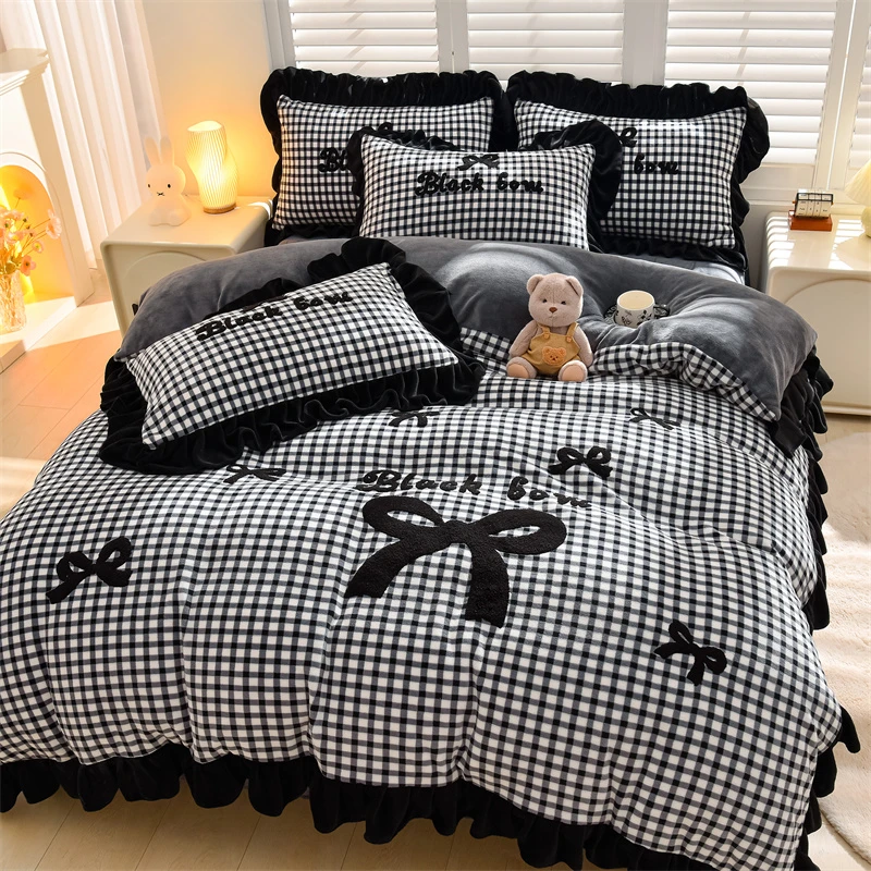 24秋冬新款法式花边毛巾绣保暖牛奶绒四件套床上用品