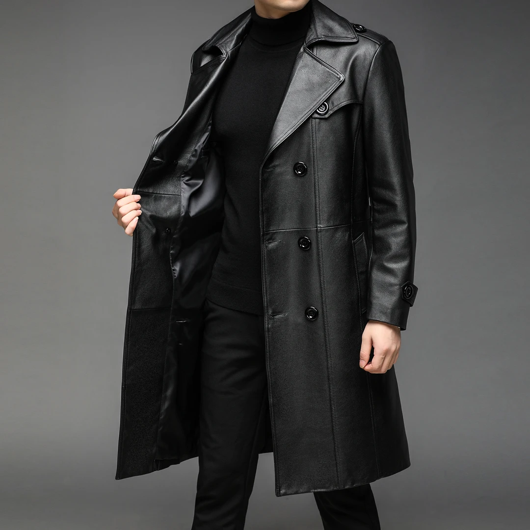 海宁真皮皮衣男士长款商务休闲牛皮风衣韩版时尚潮流西装领男装