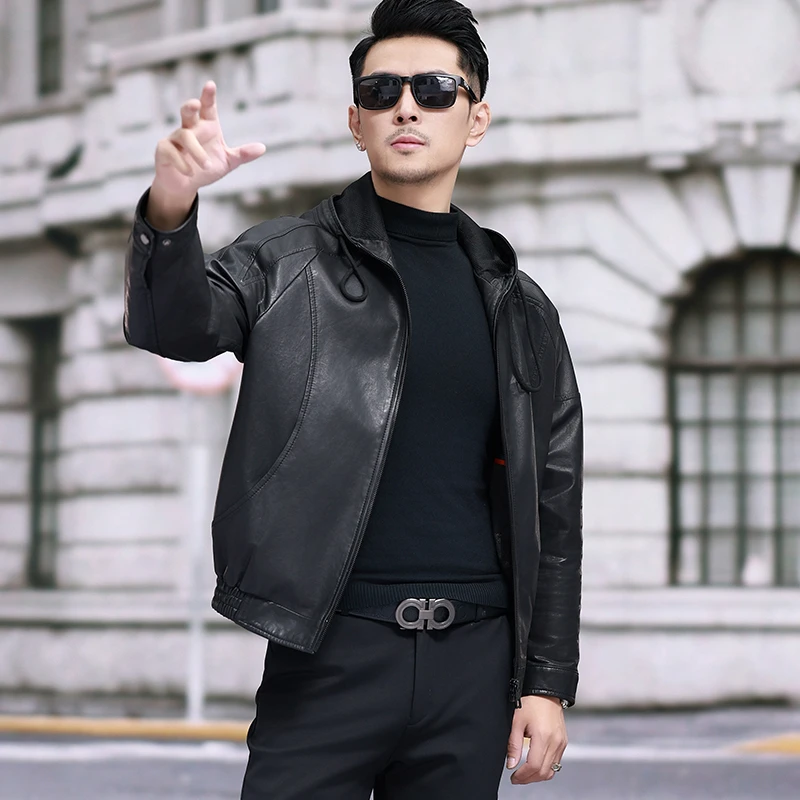 秋季新款海宁真皮皮衣男绵羊皮植鞣皮衣男士连帽夹克轻薄外套短款