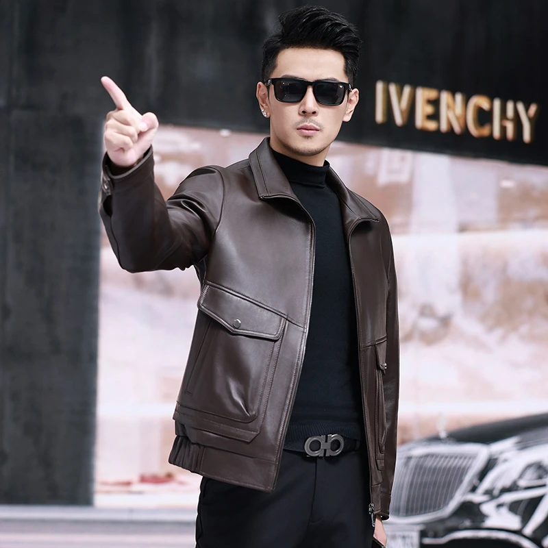 海宁真皮皮衣男士绵羊皮翻领夹克韩版商务休闲时尚百搭男装外套