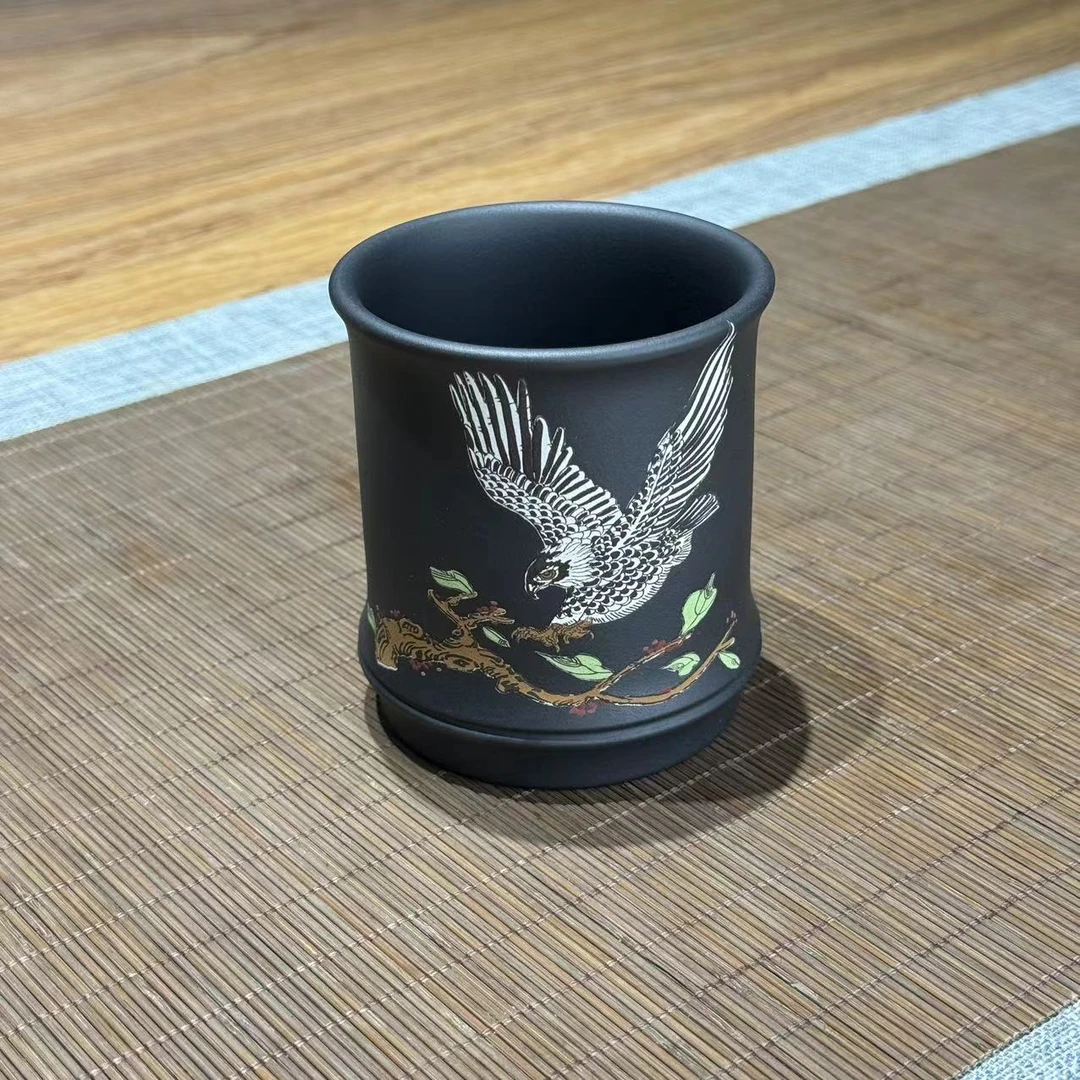 大展宏图泥绘雄鹰 黑泥260cc主人杯大容量紫砂杯239