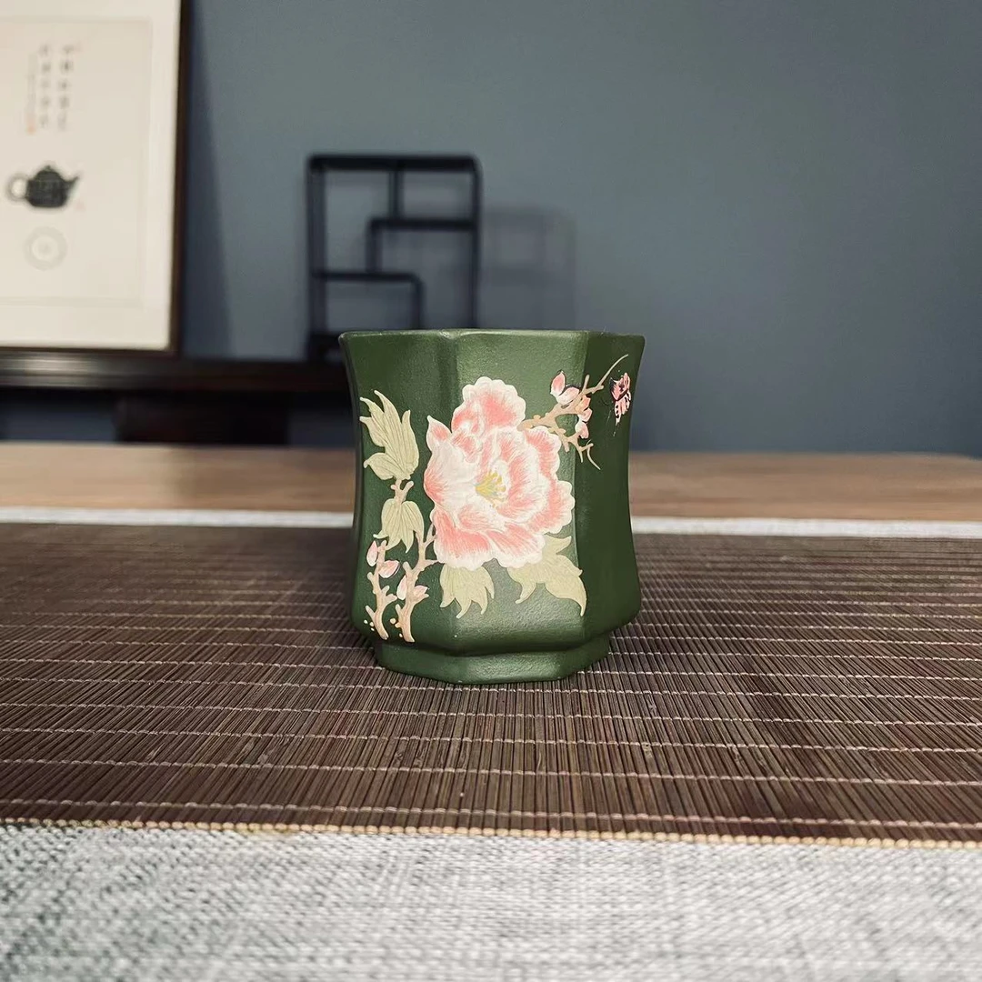 八方杯泥绘蝶恋花绿泥160cc高档紫砂杯 82