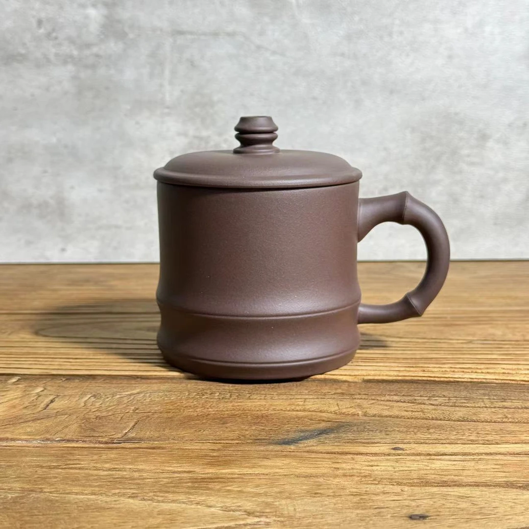 双线竹节盖杯 紫泥 420cc 冯超制 紫砂盖杯638