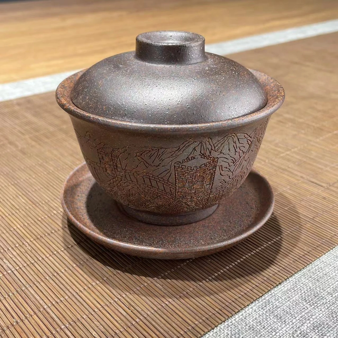 长城盖碗 柴烧刻绘万里长城200cc李玉制紫砂盖碗275
