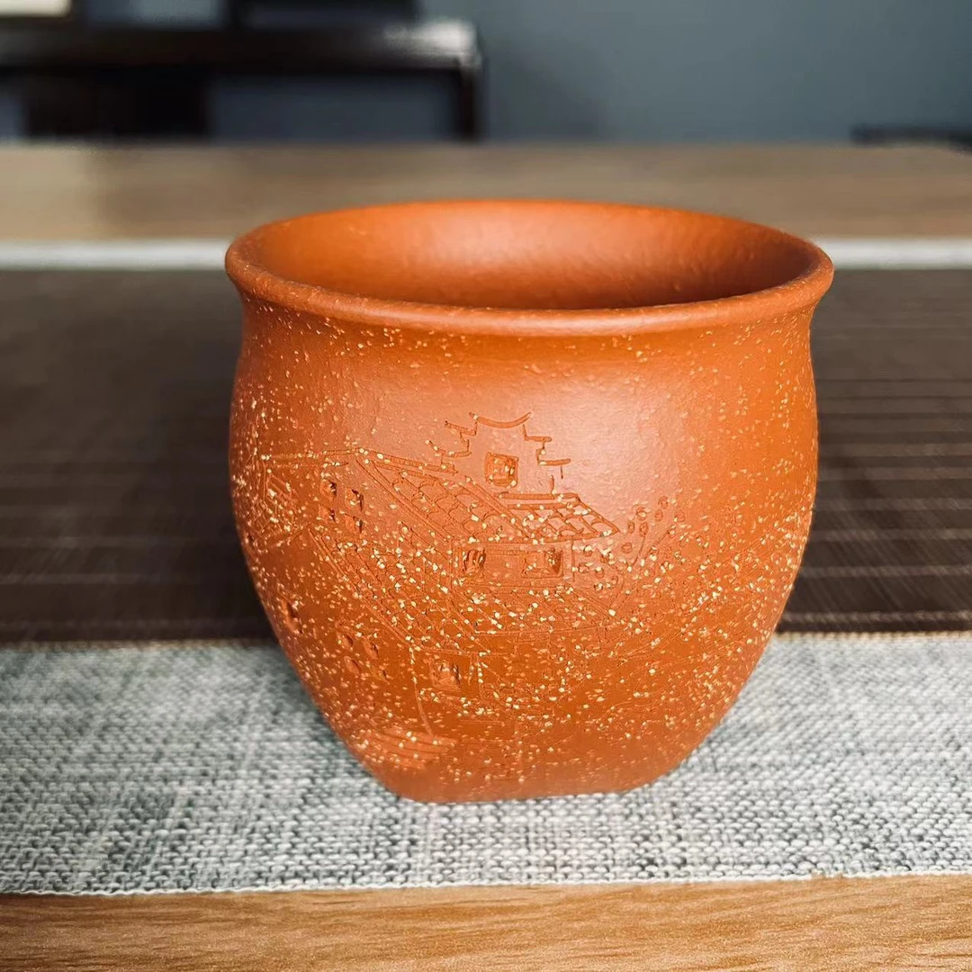 天圆地方降坡泥刻绘江南水乡160cc紫砂杯 89