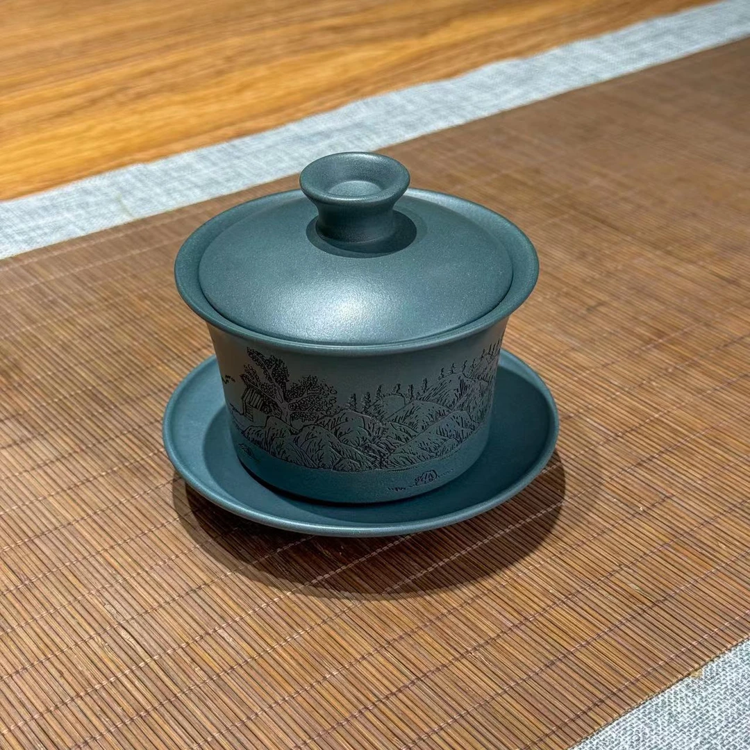 墨绿泥盖碗刻绘山水200cc张勇制91