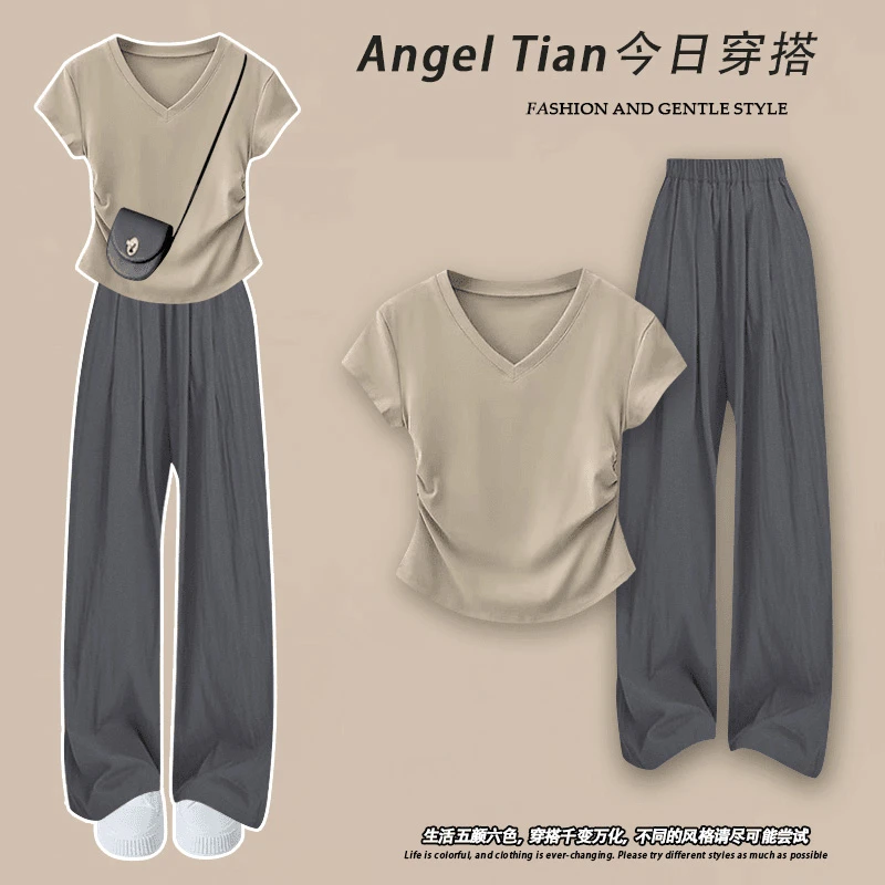 小个子穿搭2024夏季女装短袖正肩T恤+高腰阔腿休闲裤显瘦两件套