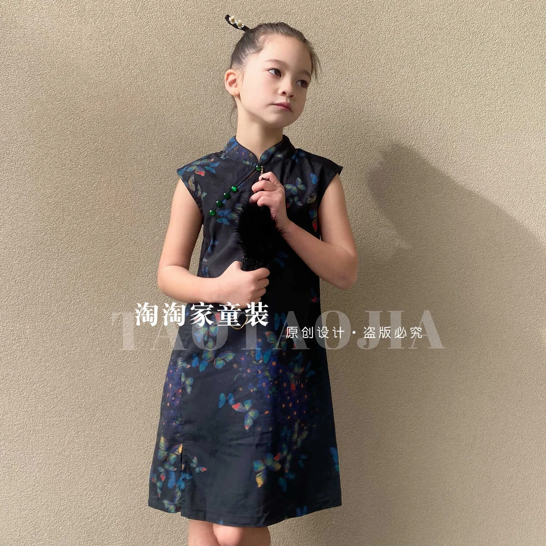 女童旗袍连衣裙仿香云纱小女孩中式甜美儿童连衣裙改良小女孩汉服