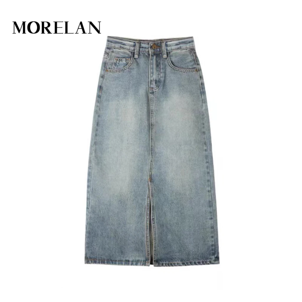 慕兰繁浮潮流水洗牛仔开叉高腰春夏时尚半身裙中裙中长款LL-6153