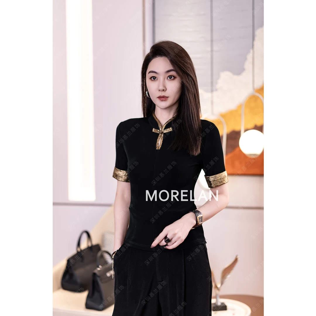 慕兰繁浮夏季新款新中式国风气质撞色盘扣立领短袖上衣MM-69212