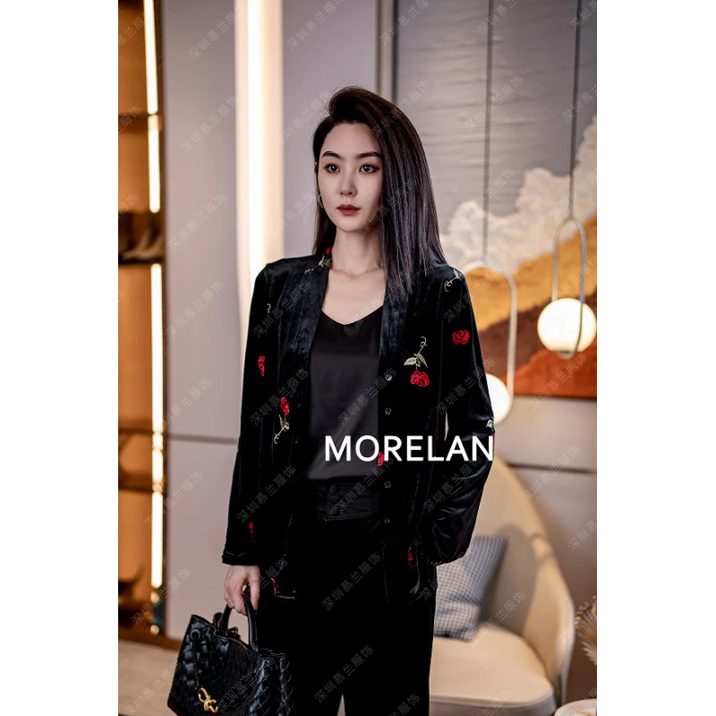 复古显瘦百搭刺绣款红玫瑰长袖上衣衬衫XM-12360