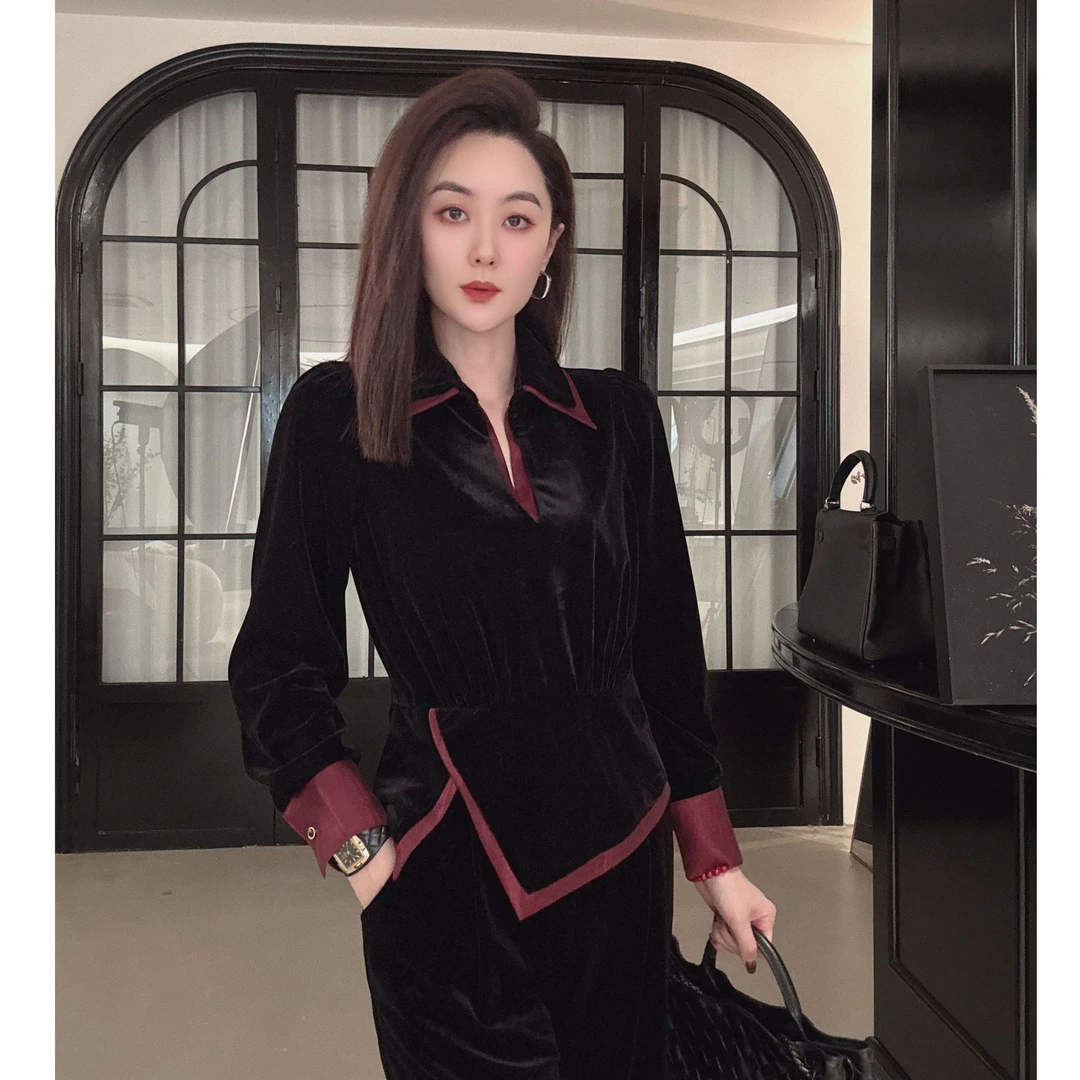 慕兰繁浮秋季新款原创小众高级撞色拼接丝绒V领短款衬衫ML-88697