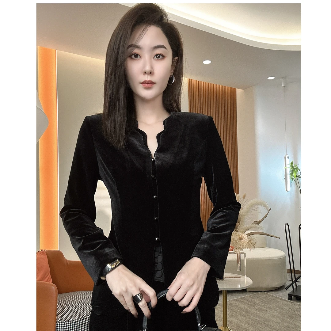 MORELAN原创设计法式复古简约丝绒V领波浪单排扣衬衫上衣MM-4203