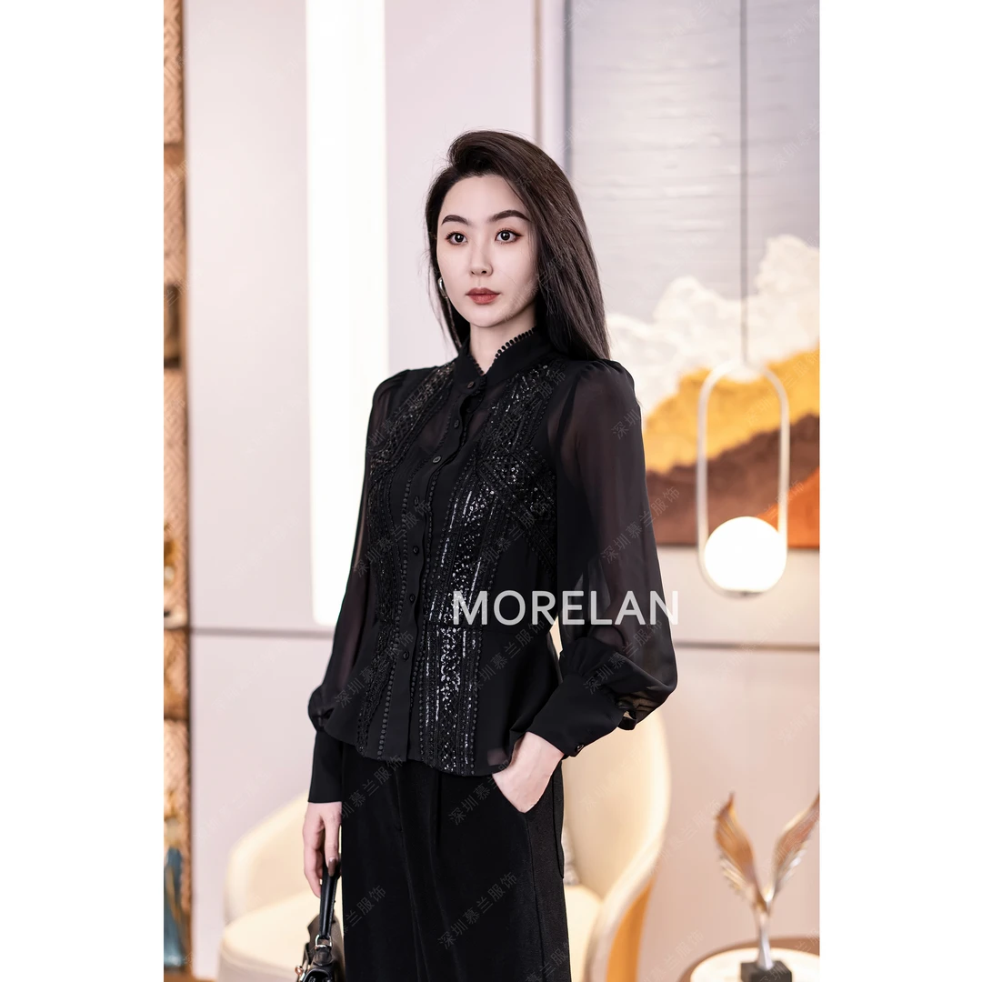 慕兰繁浮夏季新款单排扣拼接亮片时尚气质衬衫上衣MM-69009
