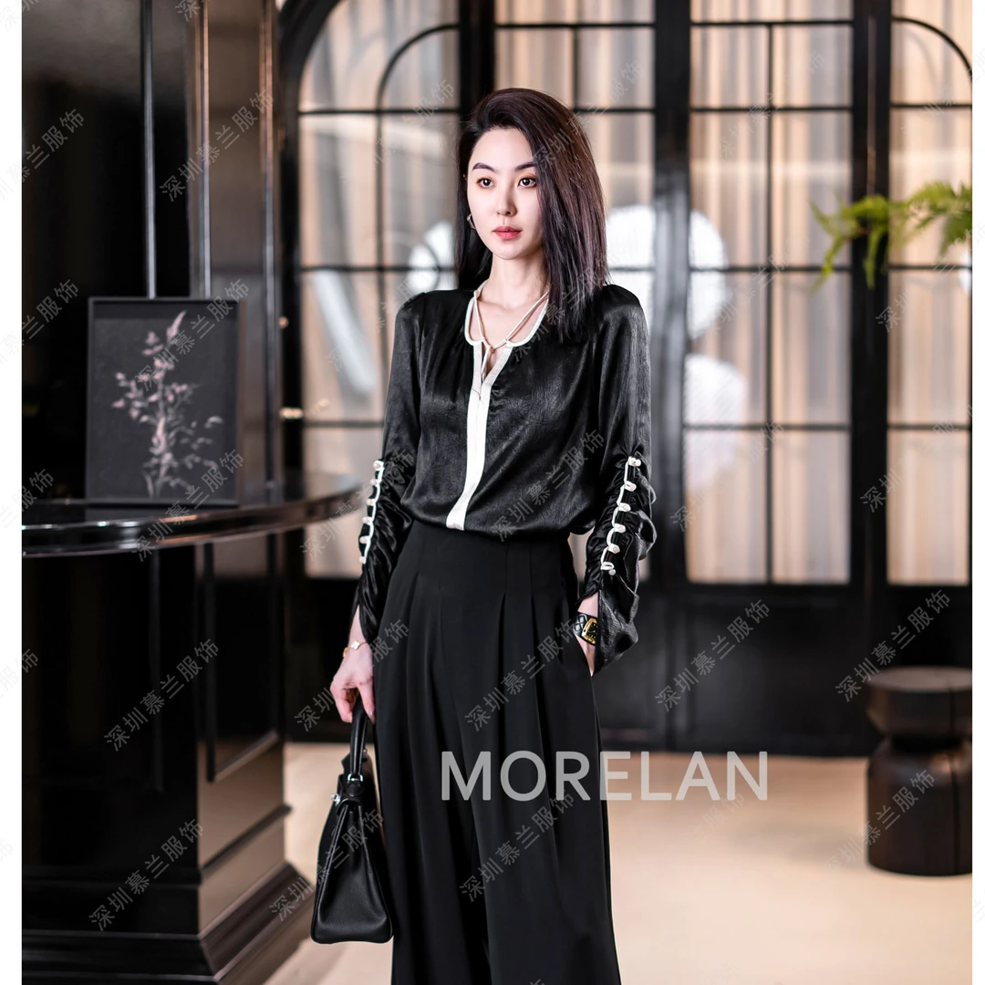 慕兰繁浮秋季新款轻奢时尚重工珍珠缎绑带撞色圆领衬衫XM-2526